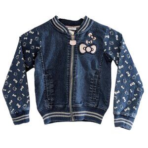 Hello Kitty Girl's Denim Varsity Jacket, Size 5, Sequin Logo Blue, Full Zip